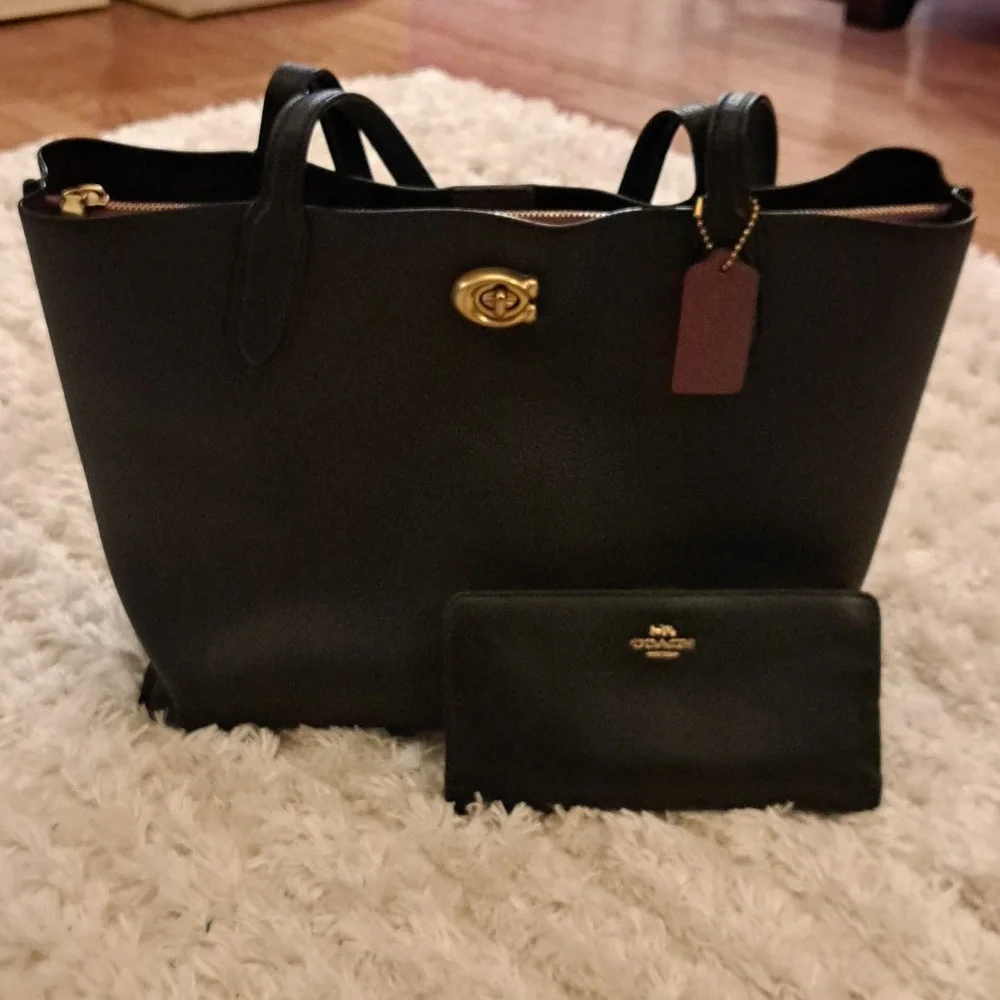 Coach Black Leather Tote with Matching Wallet and Gold Hardware